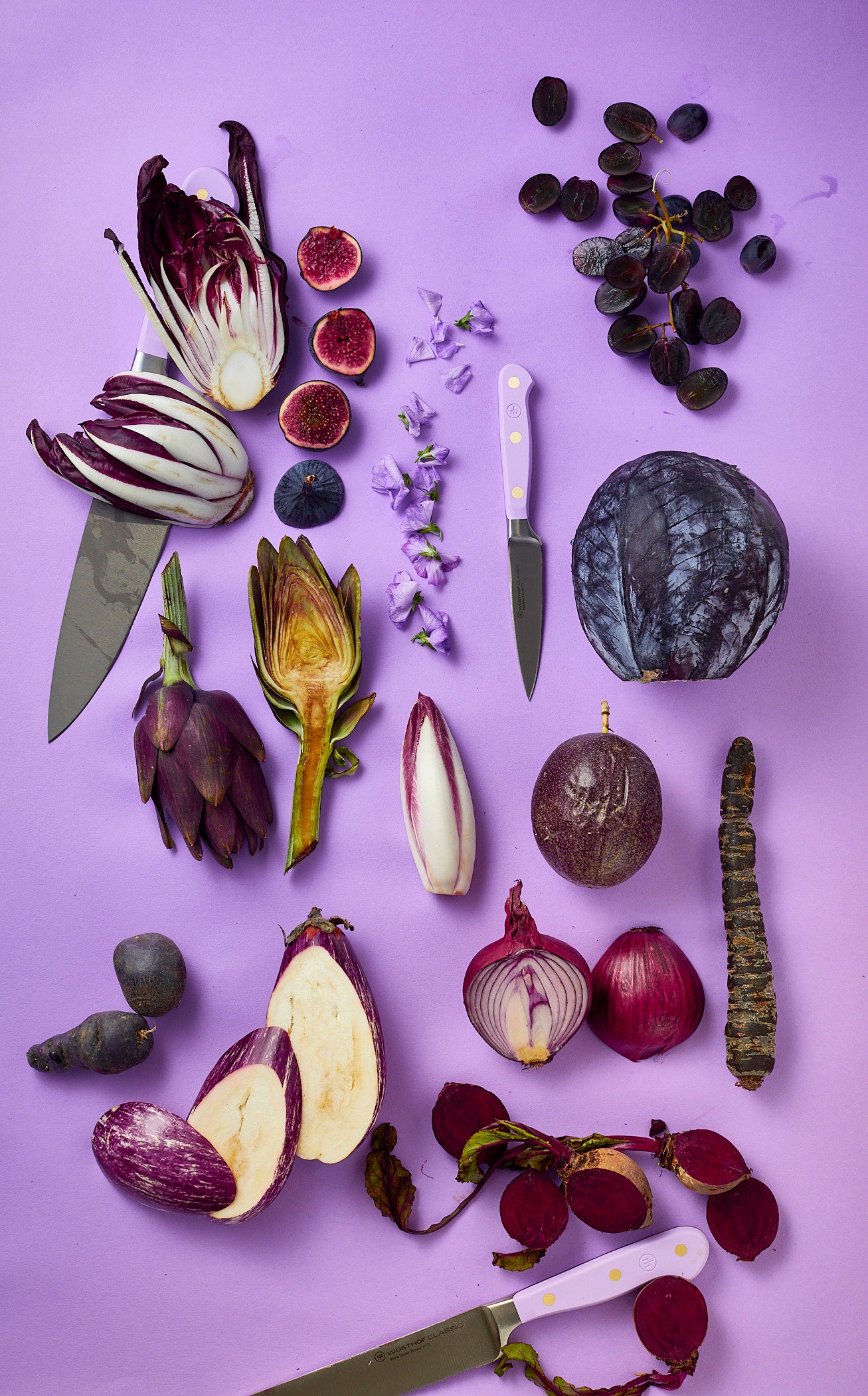 Assorted purple vegetables and fruits on a purple background