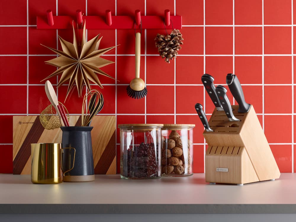 Knife Block with classic knives on holiday inspired counter