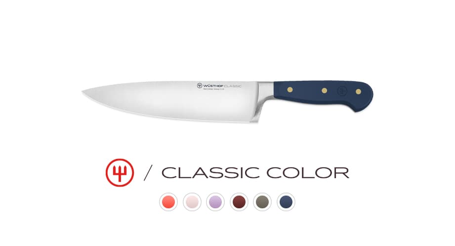 Chef's knife with a blue handle, featuring a silver blade. Below are color swatches and the text "Classic Color" with a fork and knife icon.
