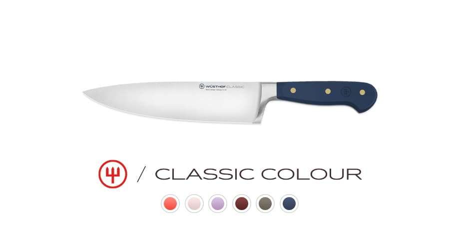 Chef's knife with a blue handle and silver blade, displayed above a selection of handle color options and the text "Classic Colour."
