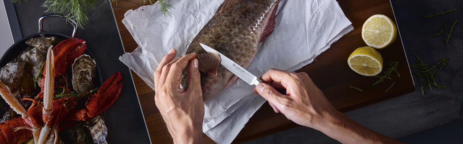 slicing a fish with an ikon knife