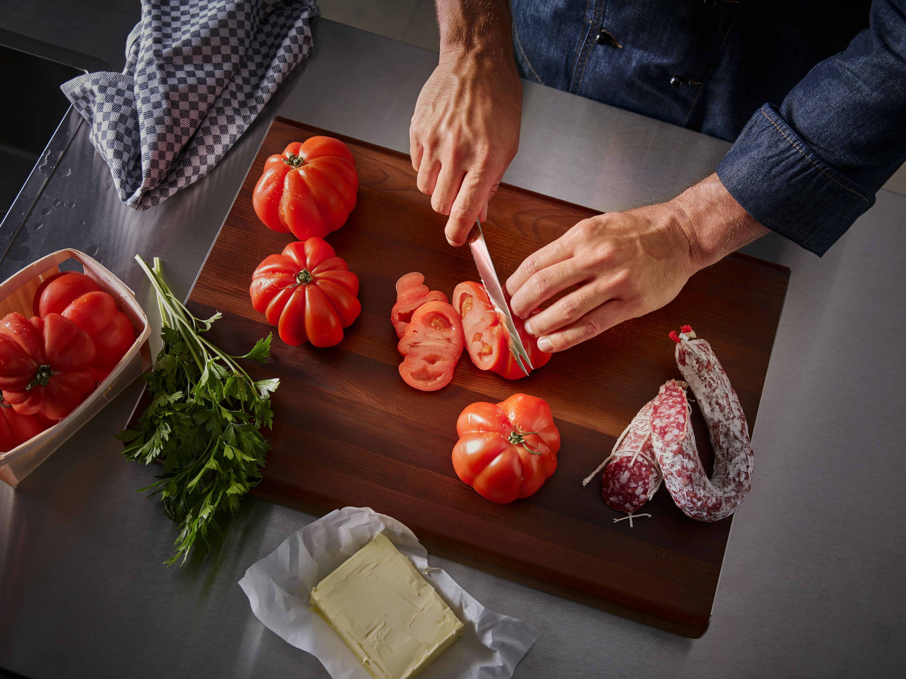 Classic 5in Tomato Knife On Cutting Board - Overhead