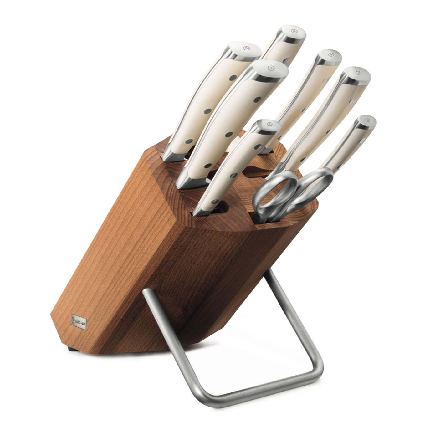 Classic Ikon 9-Piece Knife Block Set featuring ivory handles with polished rivets and a wooden block with stainless steel stand, including chef knives and kitchen shears.