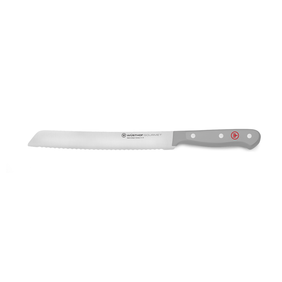 Gourmet Bread Knife 20 cm | 8 inch featuring a serrated stainless steel blade with a polished finish and a gray ergonomic handle secured by three rivets with a red emblem.