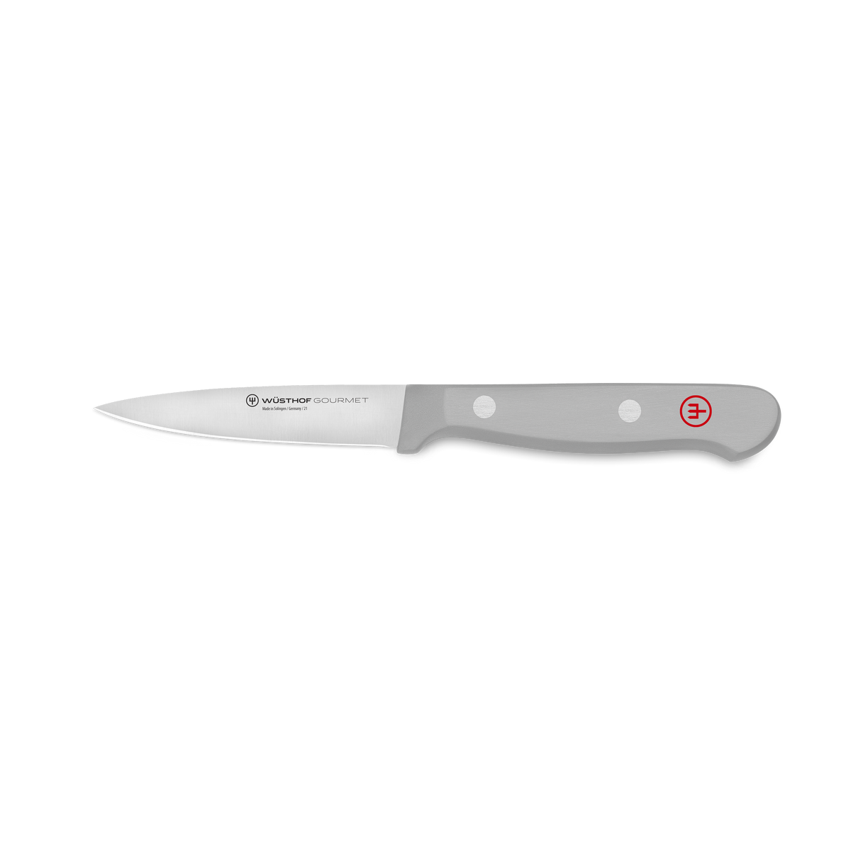 Gourmet Spear Point Paring Knife 8 cm | 3 inch with a sharp stainless steel blade and a smooth gray ergonomic handle featuring two rivets and red logo detail.