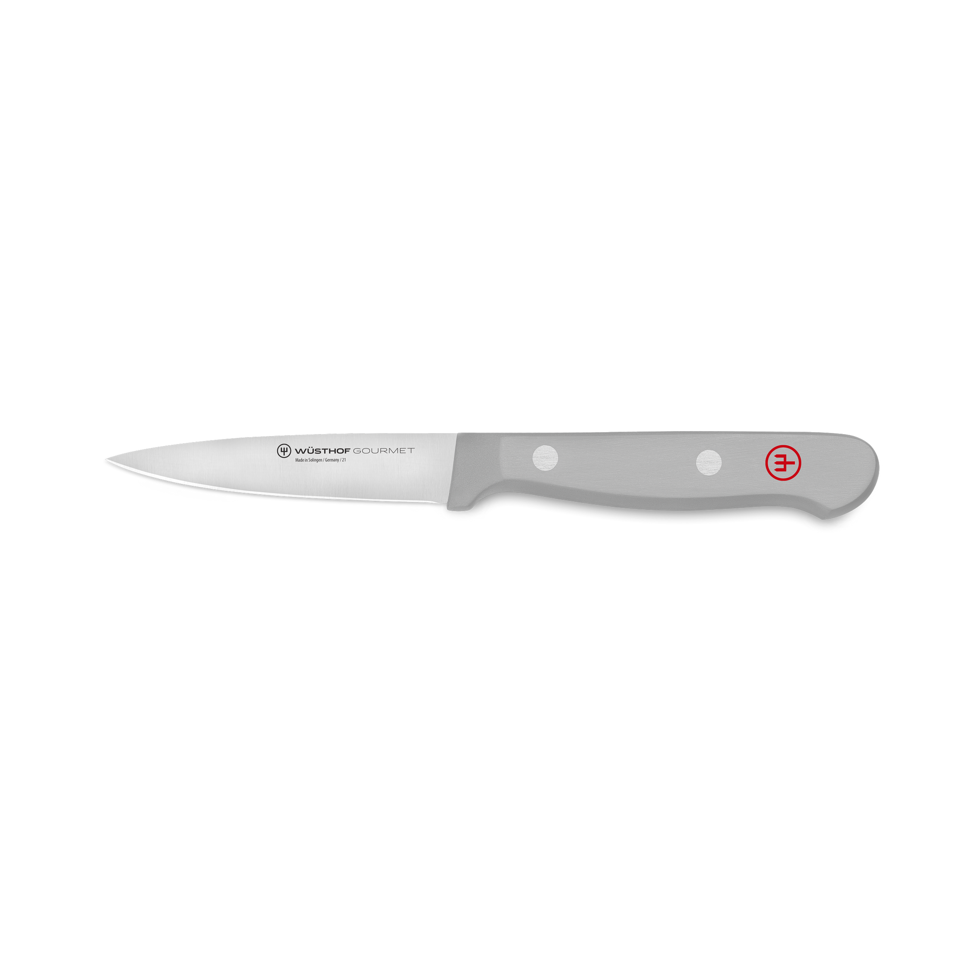 Gourmet Spear Point Paring Knife 8 cm | 3 inch with a sharp stainless steel blade and a smooth gray ergonomic handle featuring two rivets and red logo detail.