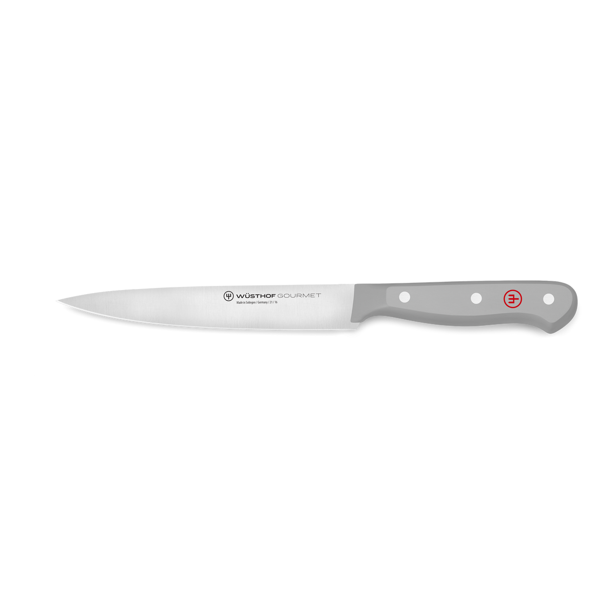 Gourmet Utility Knife 16 cm | 6 inch featuring a slim stainless steel blade and ergonomic grey handle with rivet detailing for versatile kitchen cutting tasks.