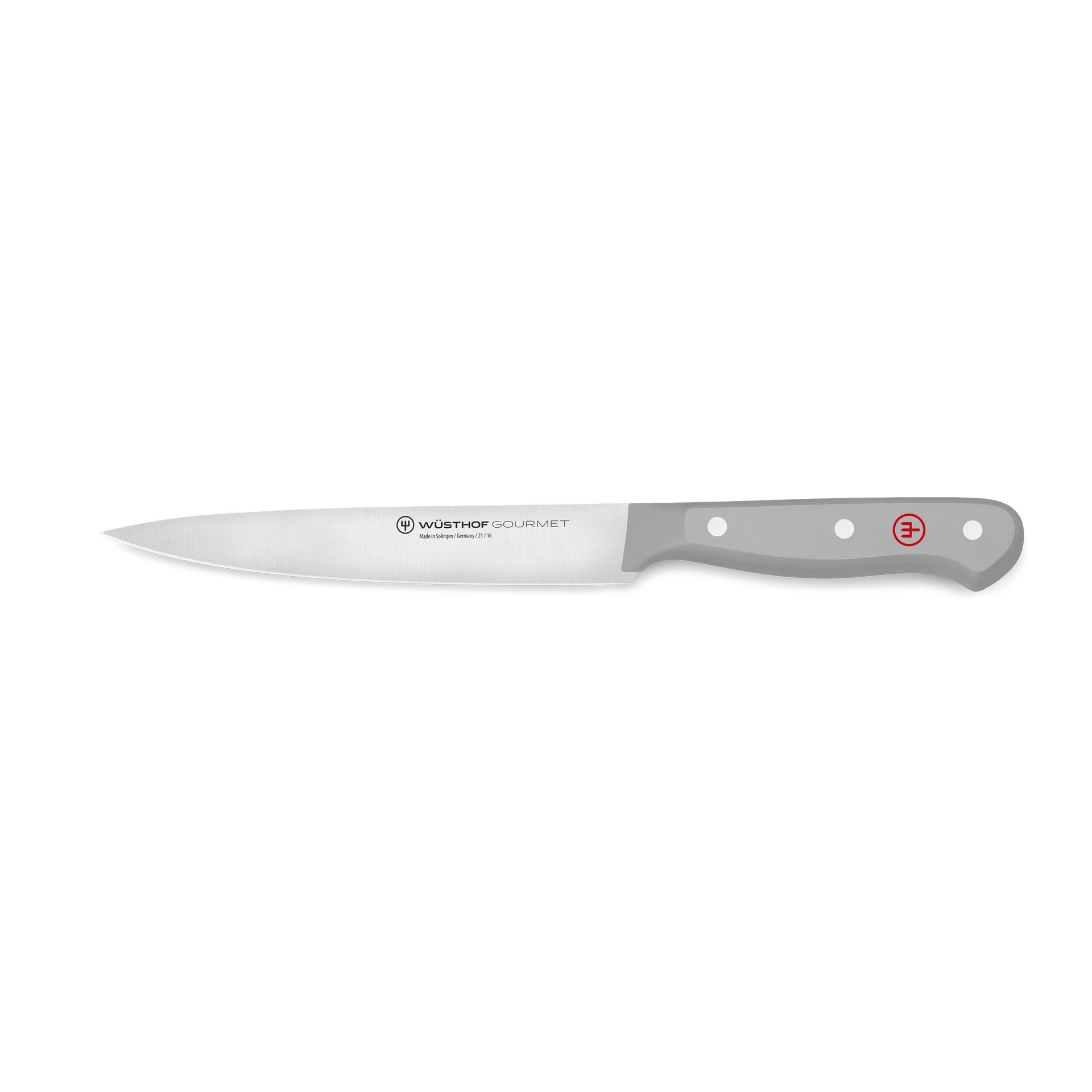 Gourmet Utility Knife 16 cm | 6 inch featuring a slim stainless steel blade and ergonomic grey handle with rivet detailing for versatile kitchen cutting tasks.