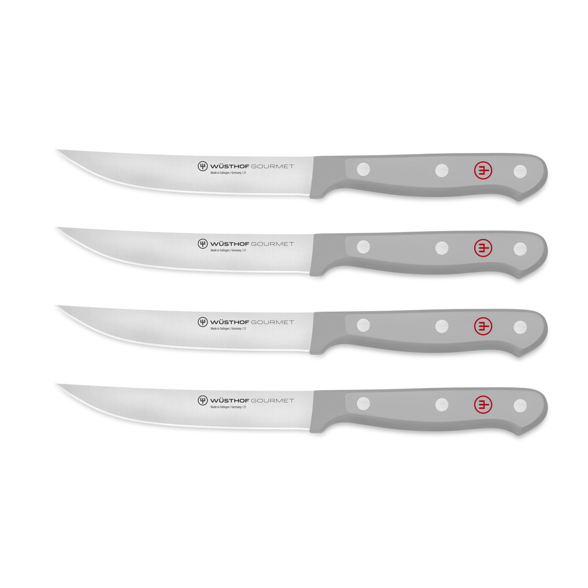 Gourmet 4-Piece Steak Knife Set featuring sharp stainless steel blades and gray ergonomic handles with three rivets and a red logo detail.