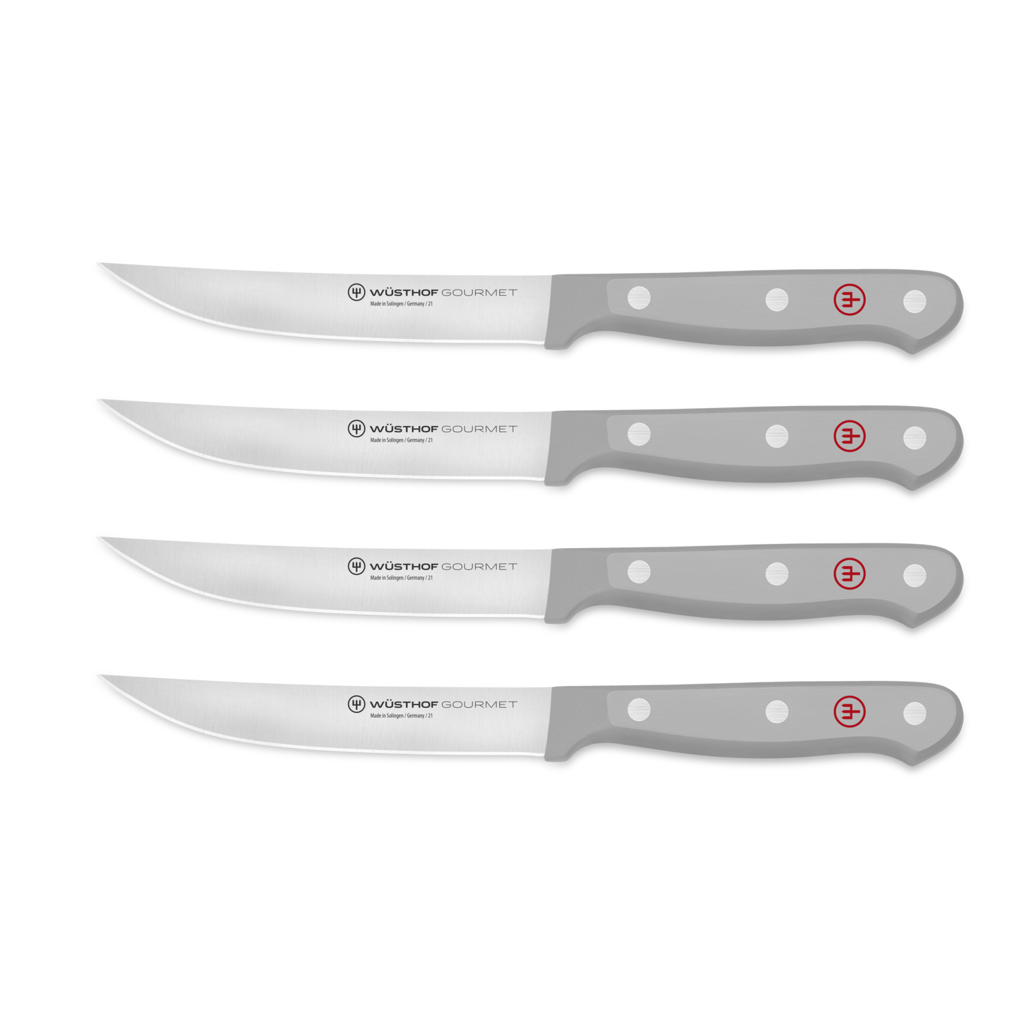 Gourmet 4-Piece Steak Knife Set featuring sharp stainless steel blades and gray ergonomic handles with three rivets and a red logo detail.