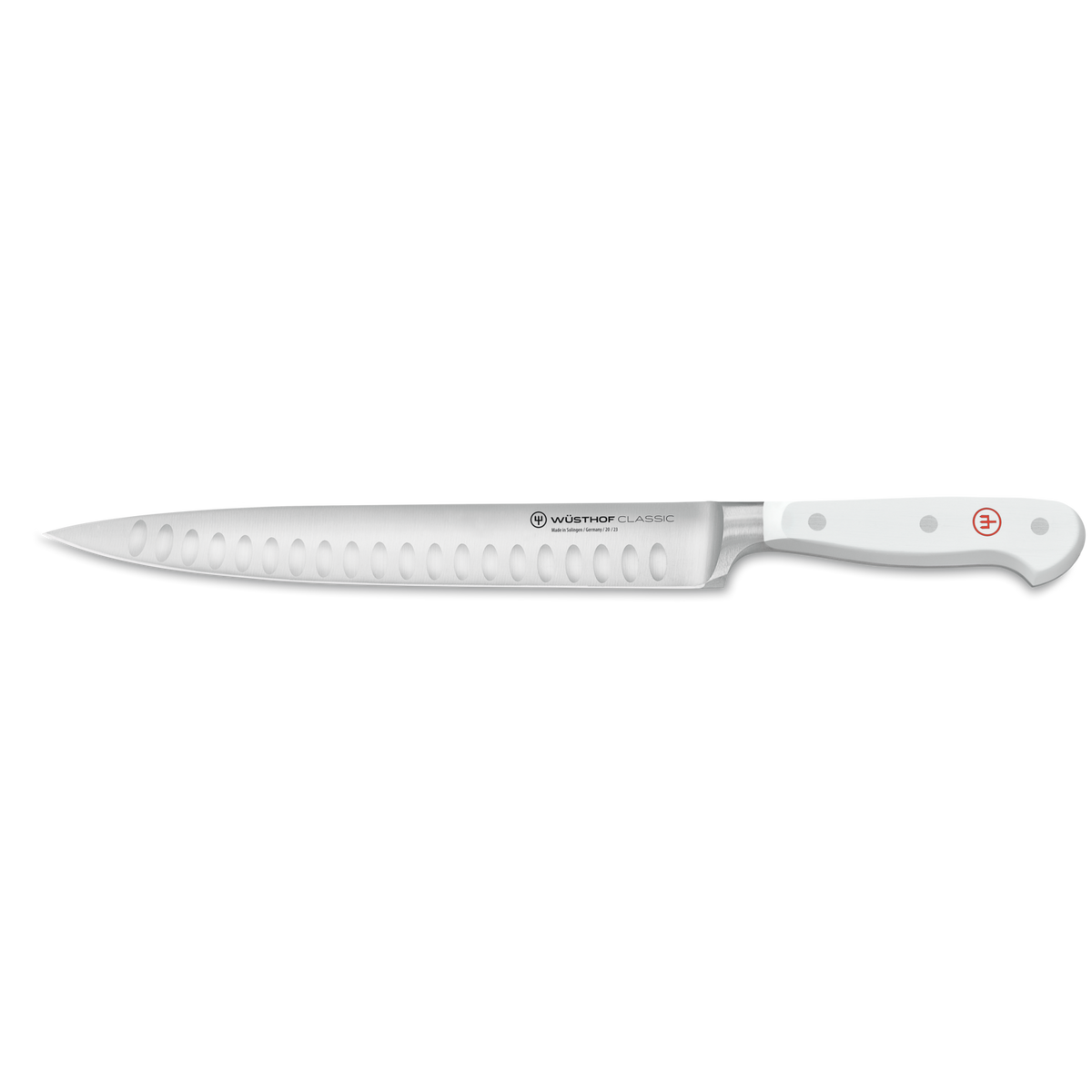 Classic Hollow Edge Carving Knife 23 cm | 9 inch with a sleek stainless steel blade featuring hollow edge scallops and a white ergonomic handle designed for chef knives.